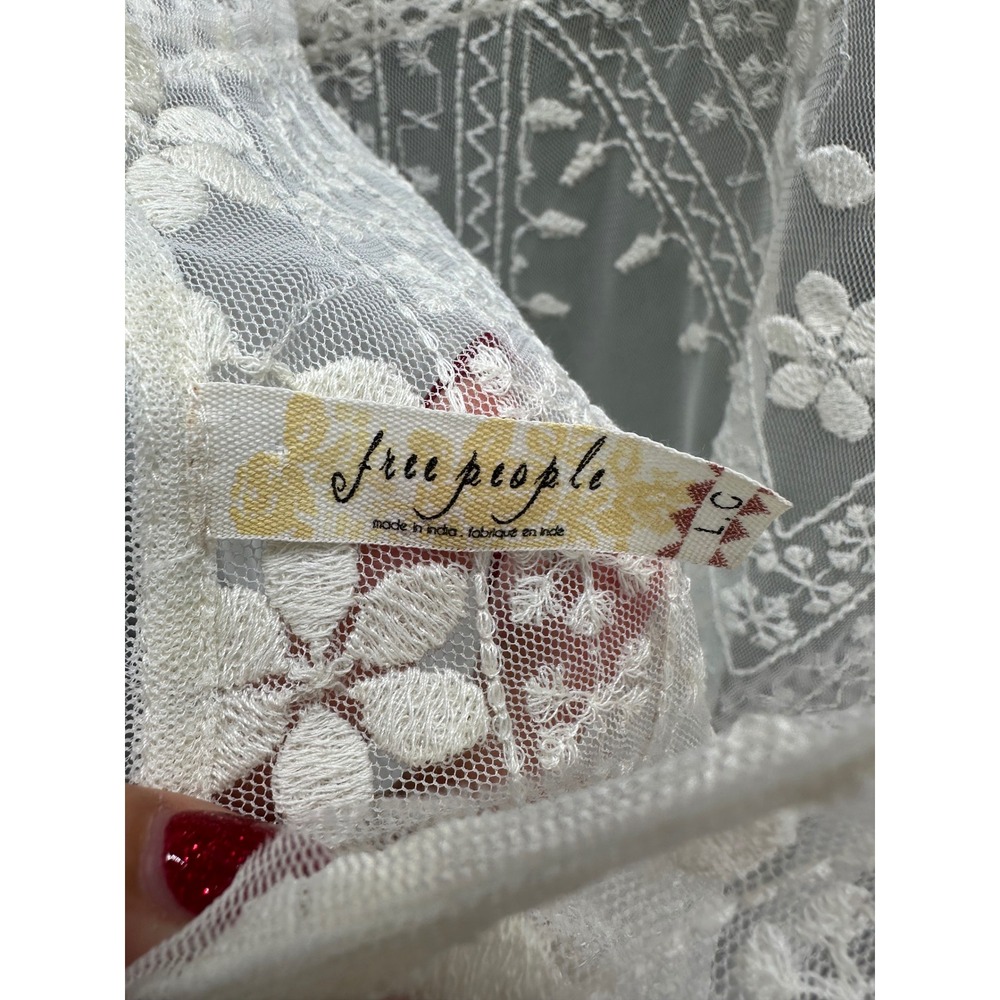 Free People Floral Mesh Lace Embroidered Top Ivory Sheer Boho Blouse Size Large - Picture 5 of 6